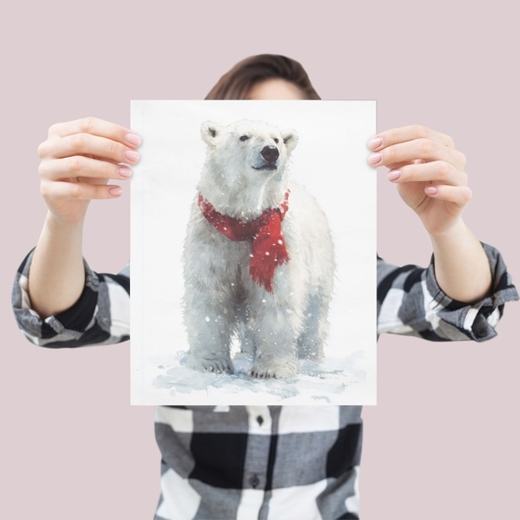 Watercolor Polar Bear with Red Scarf Portrait Wall Art Print Poster, Unframed - Picture 4 of 5